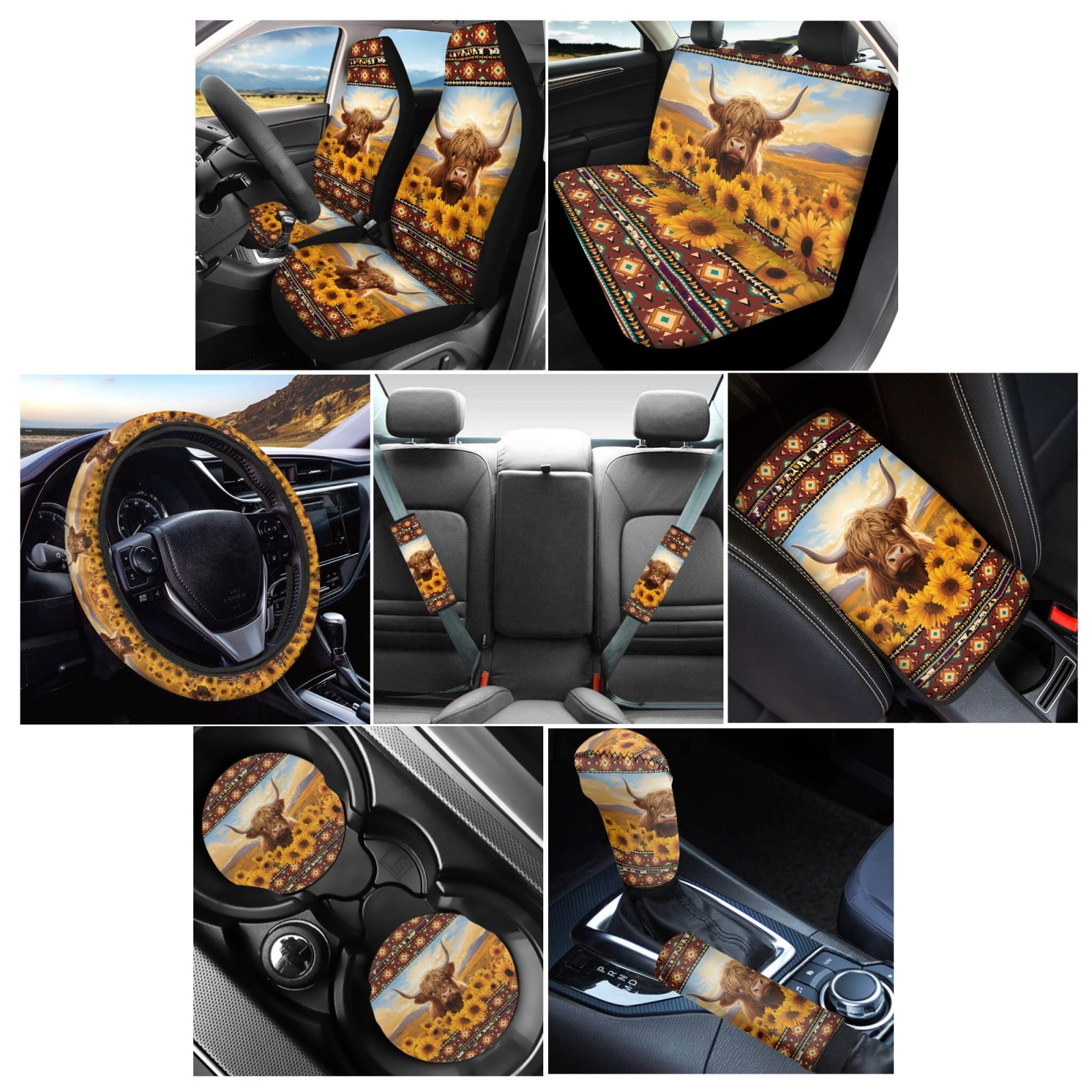 Renewold American Tribal Highland Cow Sunflower Car Seat Covers for Women with Steering Wheel Cover Seat Belt Pad Armrest Pad Handbrake Cover Gear Shift Cover Washable Cup Coaster Holder Seat Cover