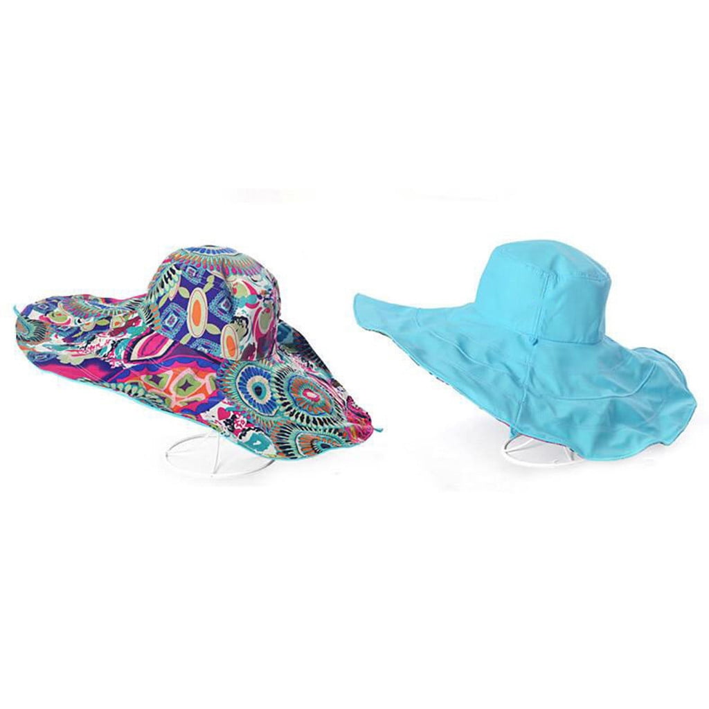 Women Print Two-Side Big Brim Straw Hat Sun Floppy Wide Brim Hats Beach Cap