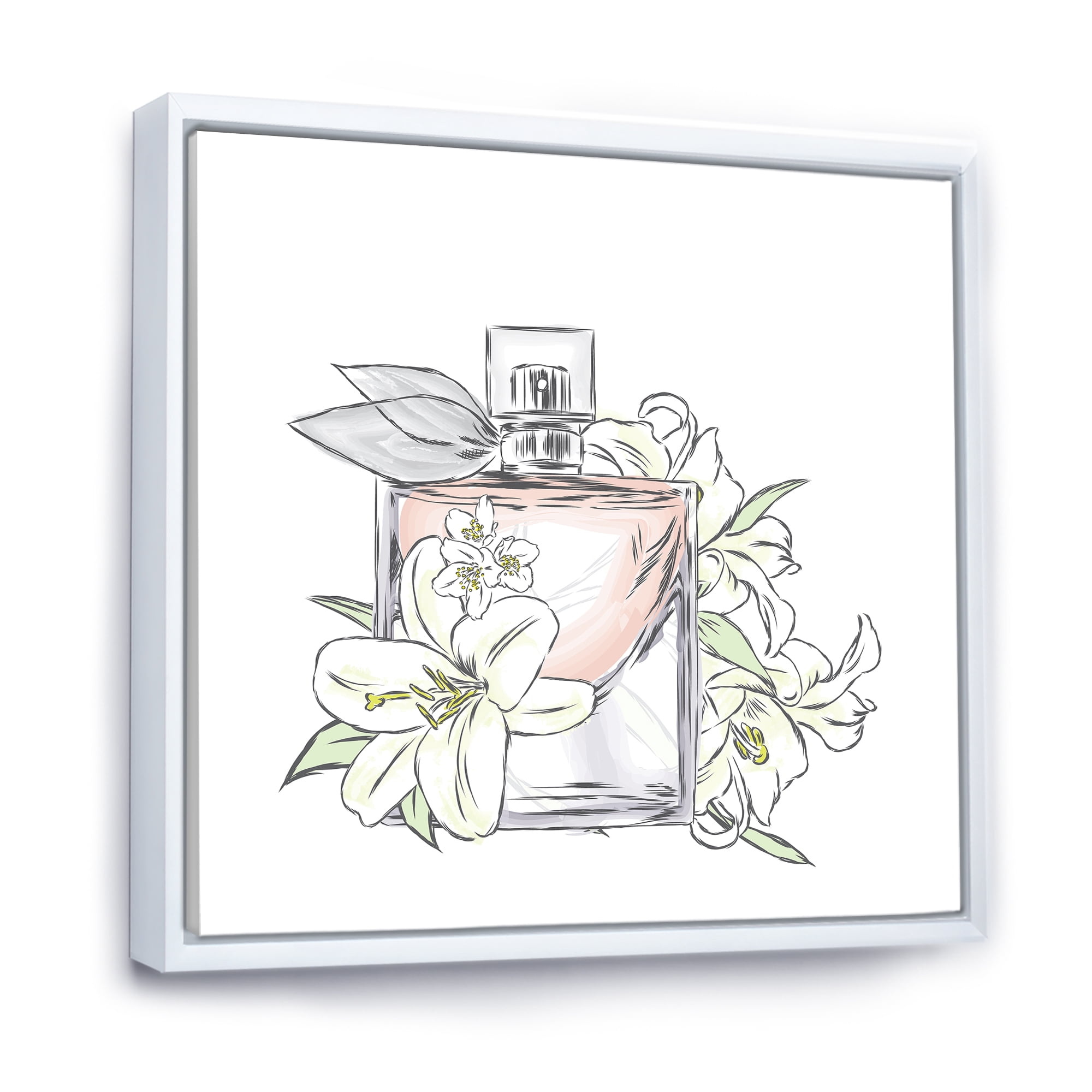 Bouquet of Flowers and Perfume Bottle II 30 in x 30 in Framed Painting Canvas Art Print, by Designart