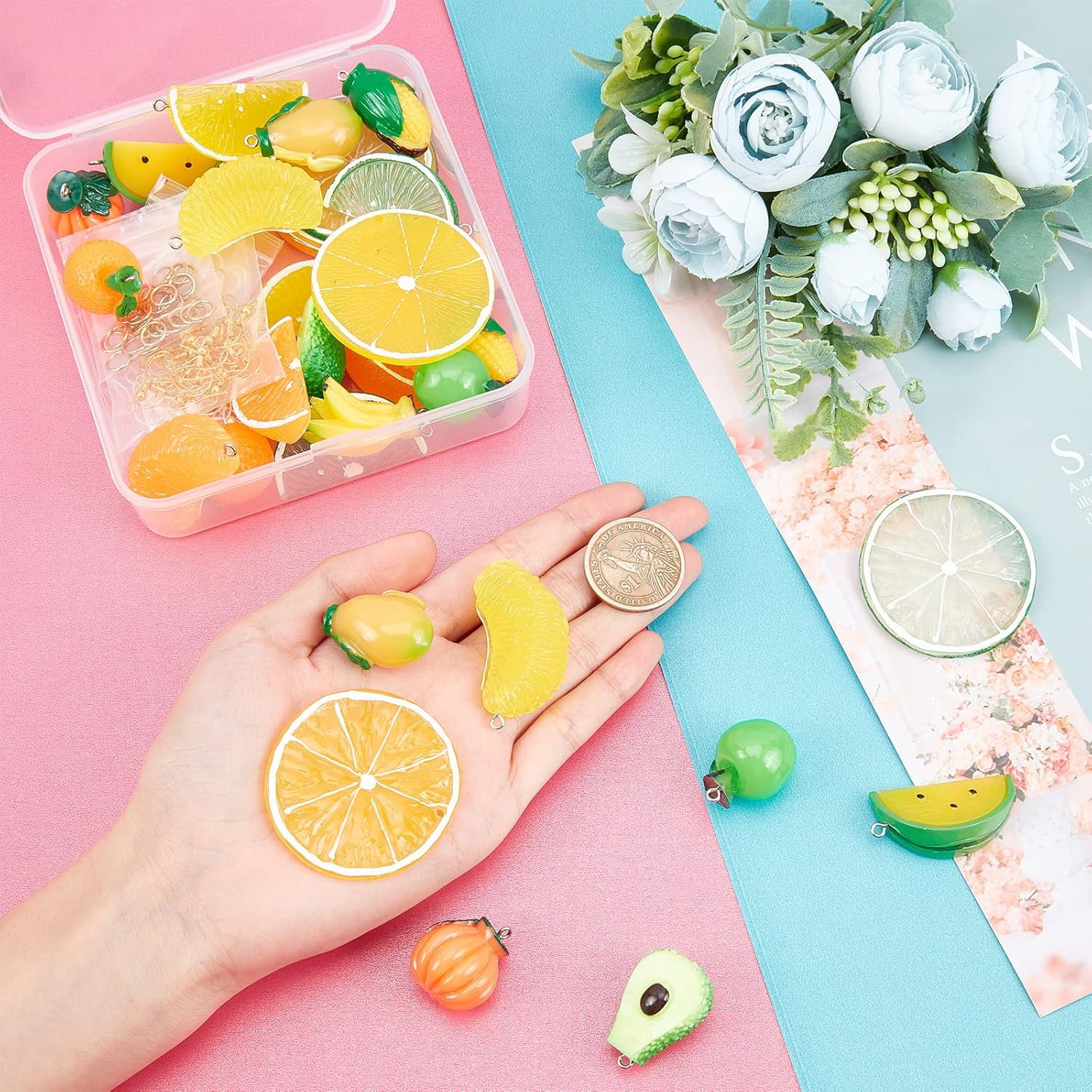 1 Box 32 Pcs Cute Fruit Pendant Charms Fruit Earring Making Kits Includes 10 Styles Fruit Beads 64 Pcs Earring Hooks and 64 Pcs Jump Rings for Earring Making