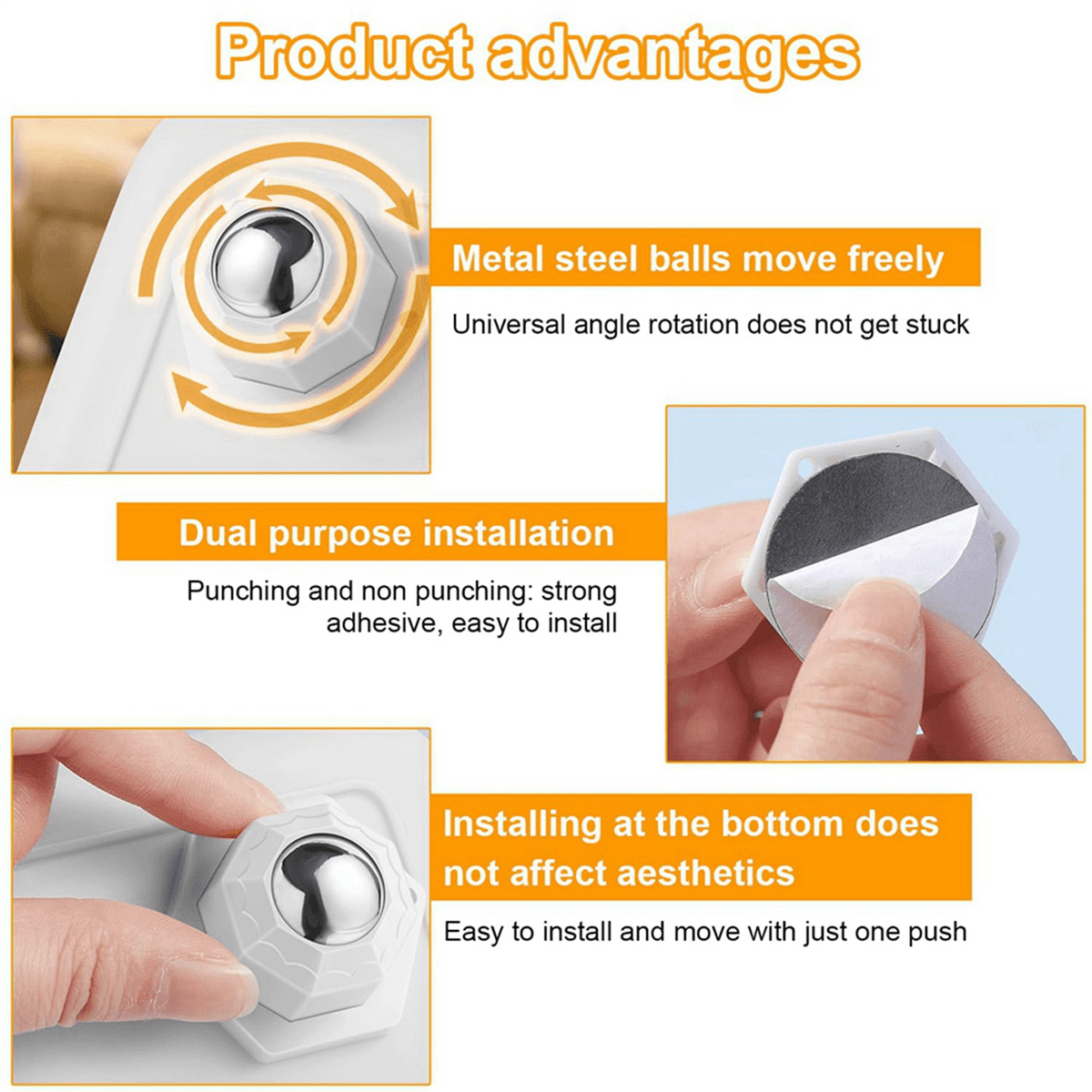 Mini Caster Wheels for Small Appliances, Self Adhesive Caster Wheels, Stainless Steel Rollers (24 PCS, White)