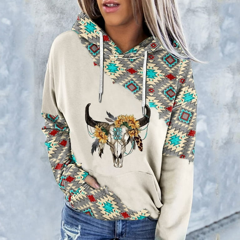 Women Aztec Hoodie Tops, Womens Geometric Horse Print Pullover Cowgirl  Western Ethnic Style Printed Hooded Sweatshirt