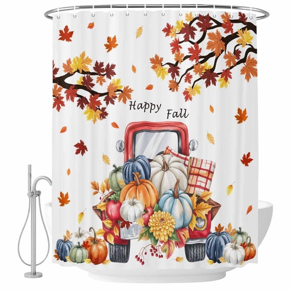 Thanksgiving Truck Shower Curtain, Waterproof Shower Curtains for Bathroom, Autumn Maple Leaf Harvest Pumpkin Washable Fabric Bathtub Curtain Set Bath Decor with 12 Hooks Extra Long 72"x96"