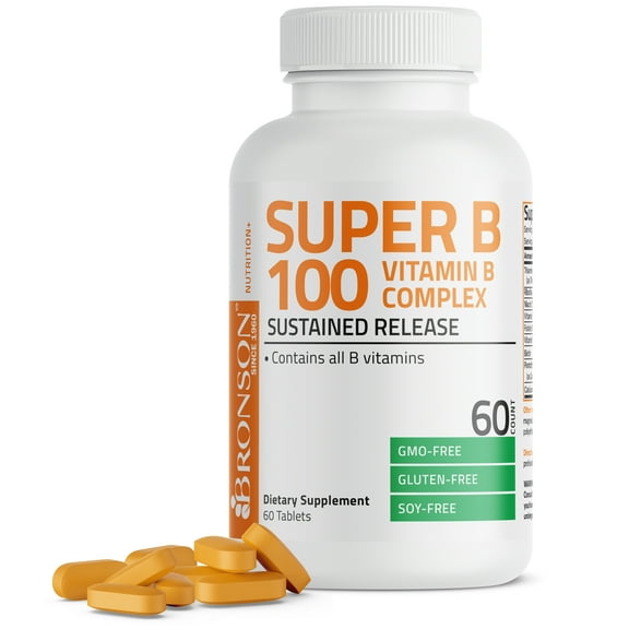 Bronson Vitamin B 100 Complex High Potency Sustained Release (Vitamin B1, B2, B3, B6, B9 - Folic Acid, B12), 60 Tablets
