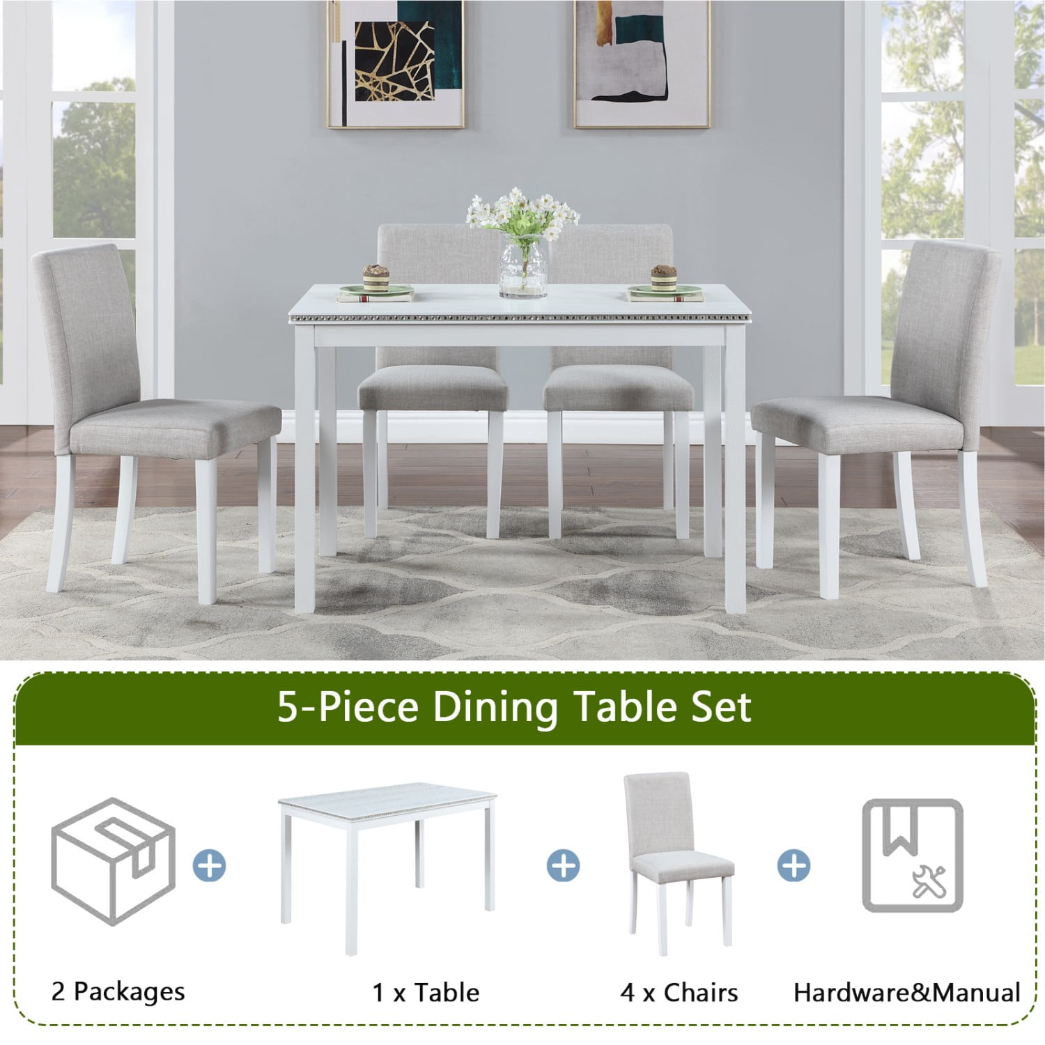 Gewnee Dining Table Set for 4, Modern 5-Piece Kitchen Table and Chairs,Dinette Sets for Breakfast Nook, Dining Room