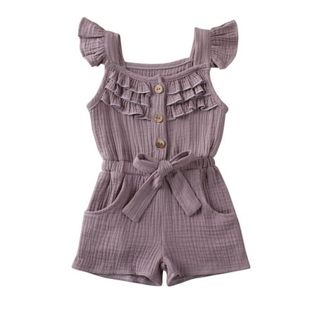 

Toddler Infant Baby Girls Sleeveless Ruffled Romper Jumpsuit Button Down Solid Color Bodysuit One-Piece Clothes