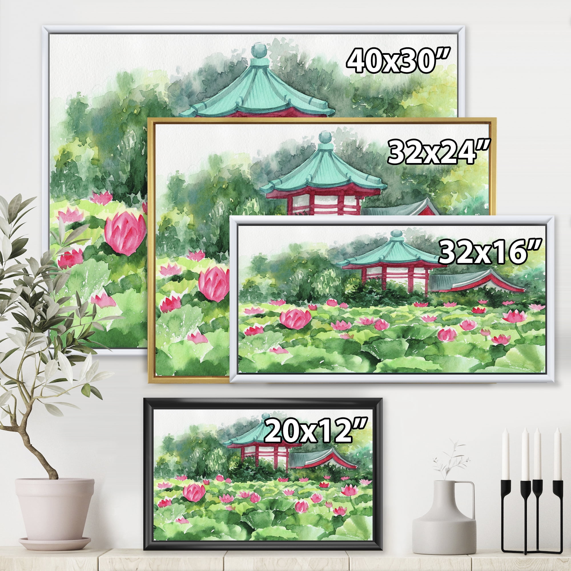 Designart 'Pagoda and Lotus Lake' Traditional Framed Canvas Wall Art Print
