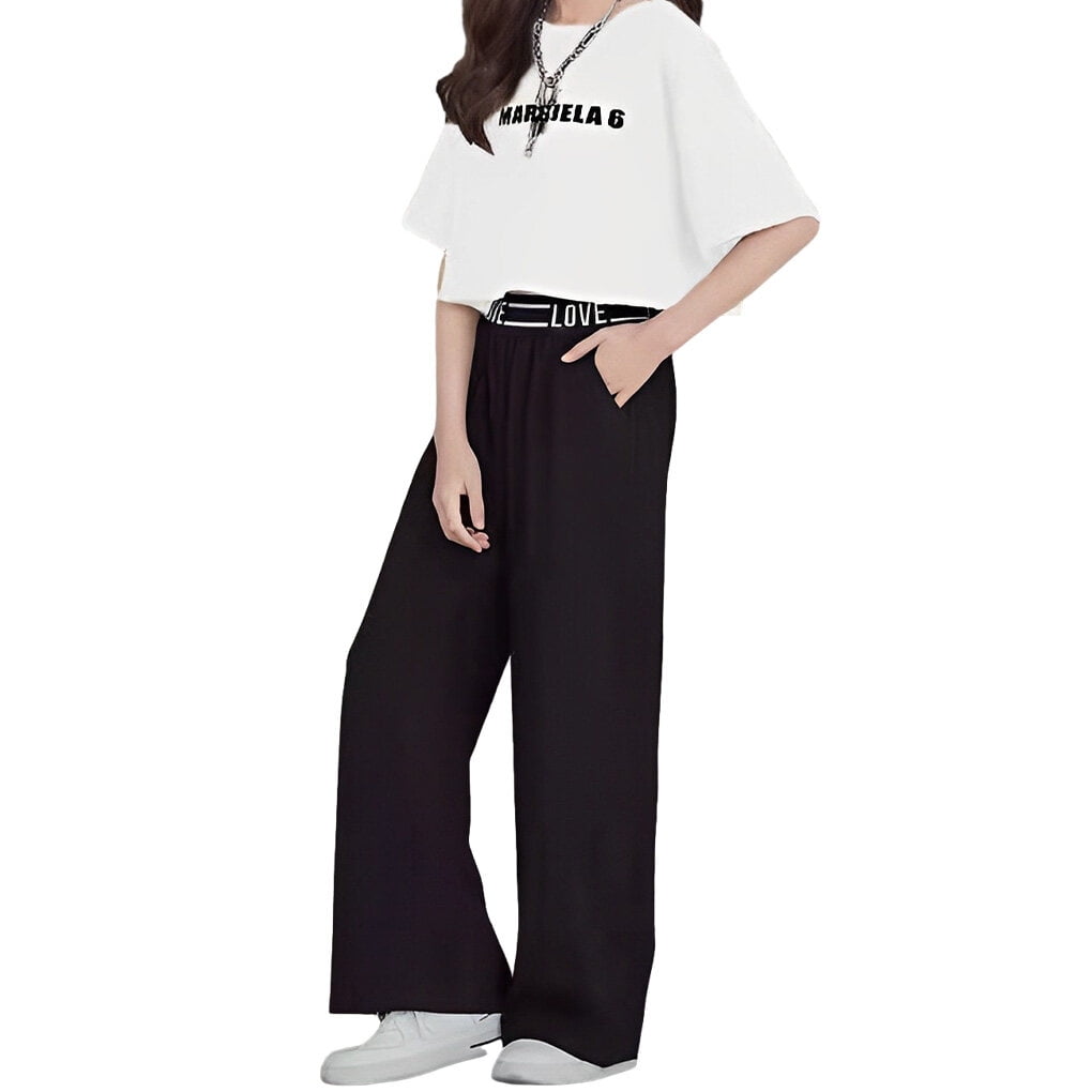 thinsony Party Banquet Girls Short Sleeve Cotton T shirt Trousers Set Traveling Children Simple Design Tops Pants Kit Birthday Gift Black 120cm