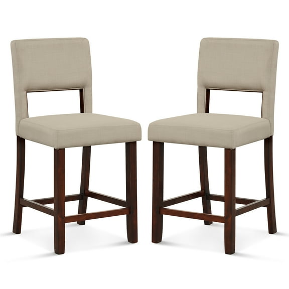 Costway Set of 2 Upholstered Linen Bar Stools 24.5'' Wooden Dining Chairs with Back Beige