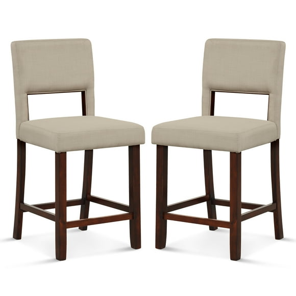 Costway Set de 2 Sillas de Bar, Juego de Taburetes de Altura de Mostrador con Respaldo Ahuecado y Patas de Madera de Caucho, Taburete de Cocina Tapizado para Hogar, Pub y Café, Beige/Gris