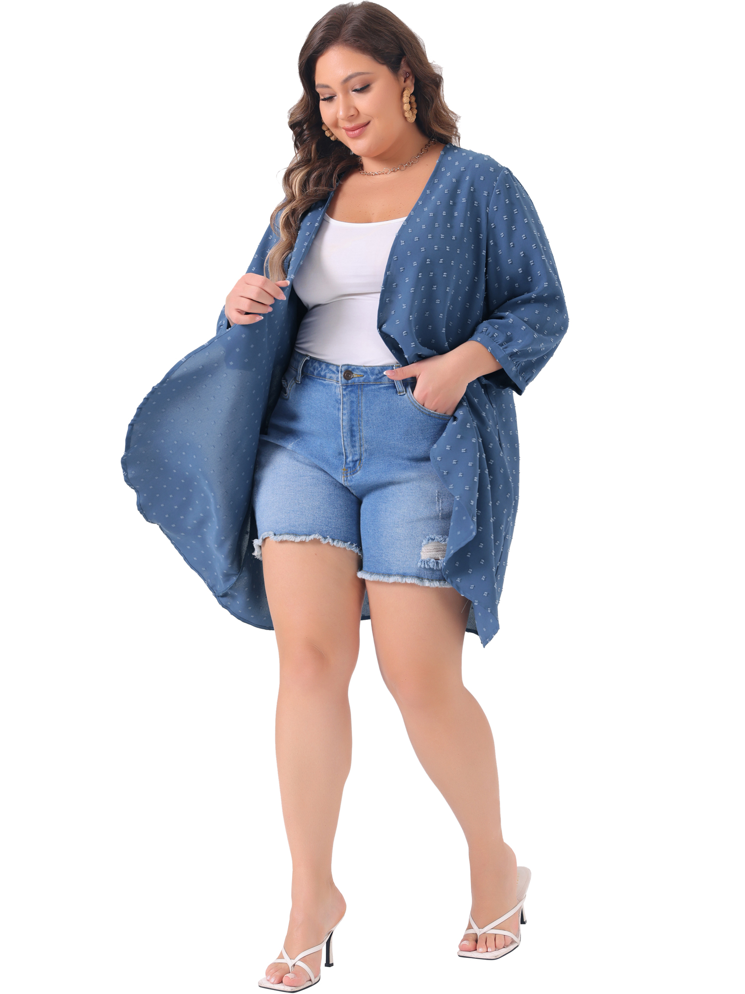DARING DIVA Plus Size 3/4 Sleeve Swiss Dots Cover Up Cardigan 2X Blue