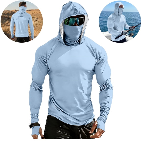 LWavelet Sun Protection Shirts for Men Long Sleeve Outdoor Work Hoodies Sun Uv Protection Fishing Swim Sunshirts with Face Cover