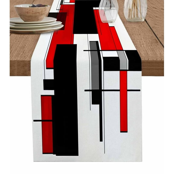 ERUNPONLY Red Grey Black Table Runner - 90 Inch Long Irregular Modern Geometric Abstract Cotton and Linen Blended Dress Scarves Farmhouse Table Runner for Kitchen Dining, Coffee Table, 13"x90"