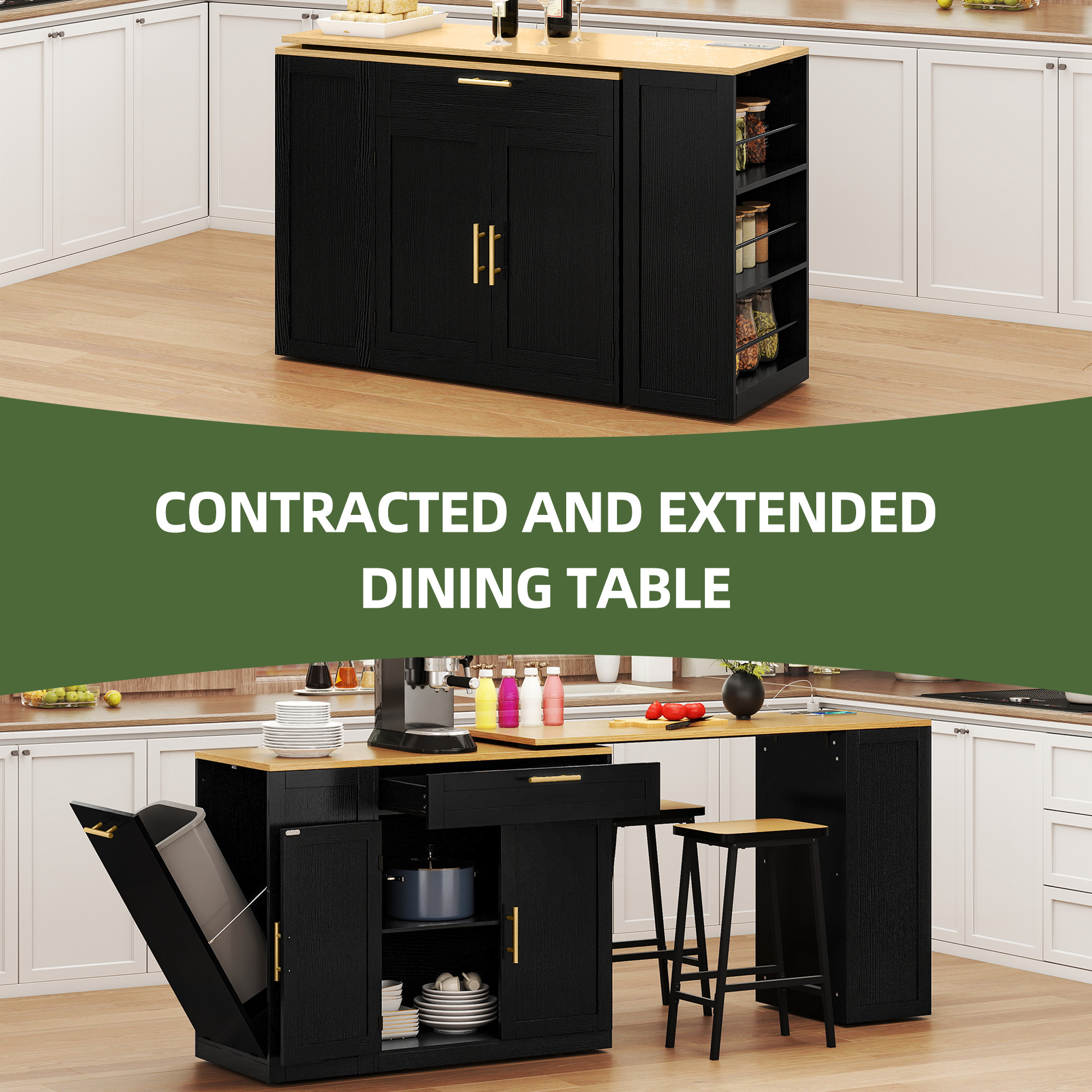 Uforic Extendable Kitchen Island with Power Outlets & 2 Stools, Kitchen Island Cart with Trash Storage Compartment, Black