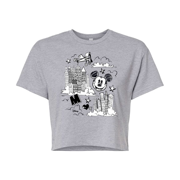 Disney - Mickey Mouse - Skyscraper, Airplanes, & Clouds Sketch - Juniors Cropped Cotton Blend T-Shirt
