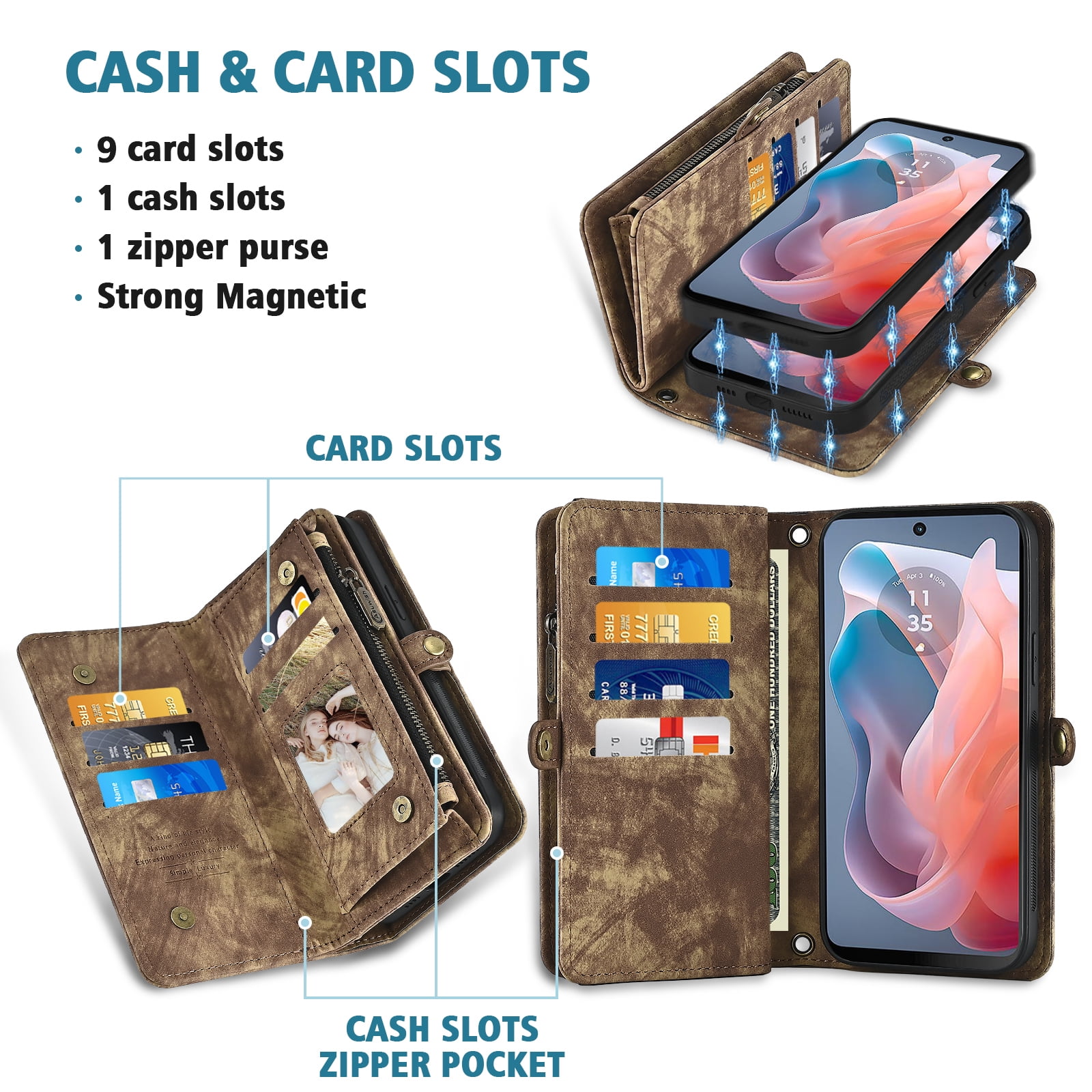 Asuwish Phone Case for Motorola Moto G Play 4G 2024 Zipper Wallet Detachable Cell Cover with Tempered Glass Screen Protector Crossbody Lanyard Strap Flip Card Holder XT2413V XT2413-1 64GB Women Brown