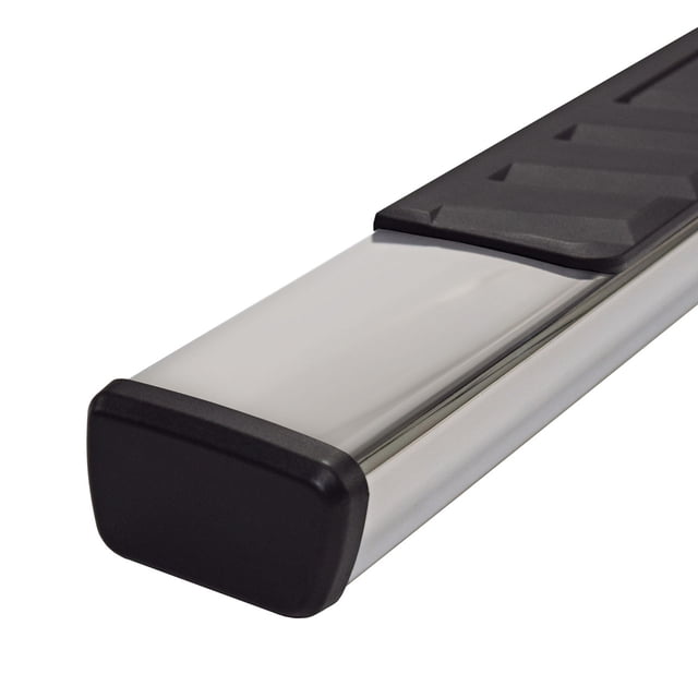 TrailFX Nerf Bar A4009S TFX 4 Trapezoid Side Steps; With Step Pads; 4 Inch Trapezoidal Straight; Polished; Stainless Steel; With Plastic End Caps; Rocker Panel Mount