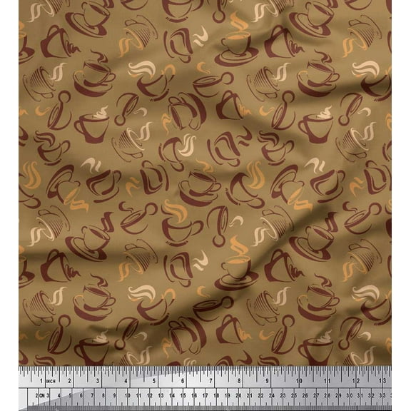 Soimoi Brown Cotton Voile Fabric Plate & Teacup Beverages Fabric Prints By Yard 42 Inch Wide