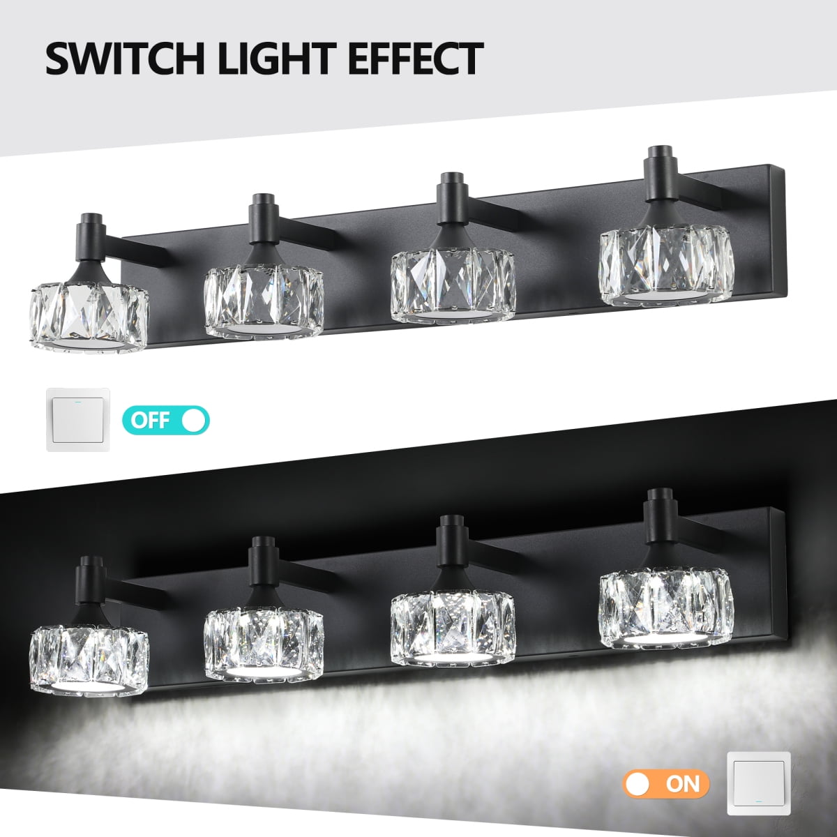 Modern 4-Light Matte Black LED Vanity Light Fixture with Crystal Glass Shades, Bathroom Wall Sconce for Elegant and Contemporary Home Decor On-Site
