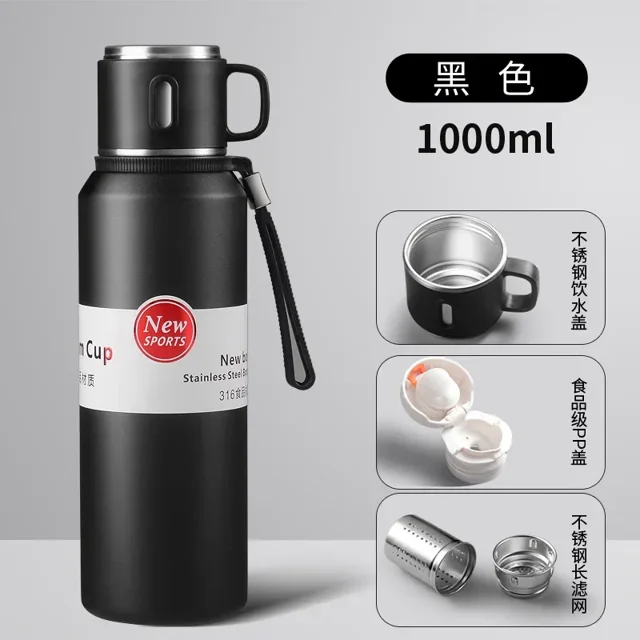 Termo grande de 1500 ml para té y café, botella de vacío que mantiene el calor y el frío, termo de acero inoxidable de doble pared de 1 l para botellas de agua, frascos de vacío