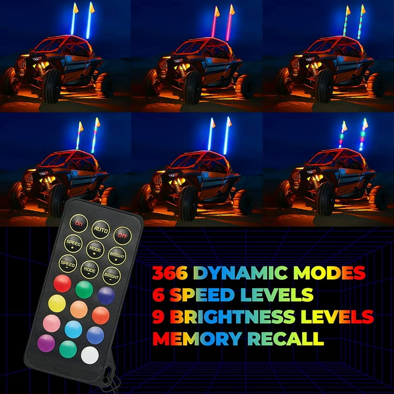 KEMIMOTO 2pc 2ft LED Whip Lights For UTV/ATV | RF Remote, 22 Modes, IP67 Waterproof, Fits Polaris RZR, Can-Am Maverick