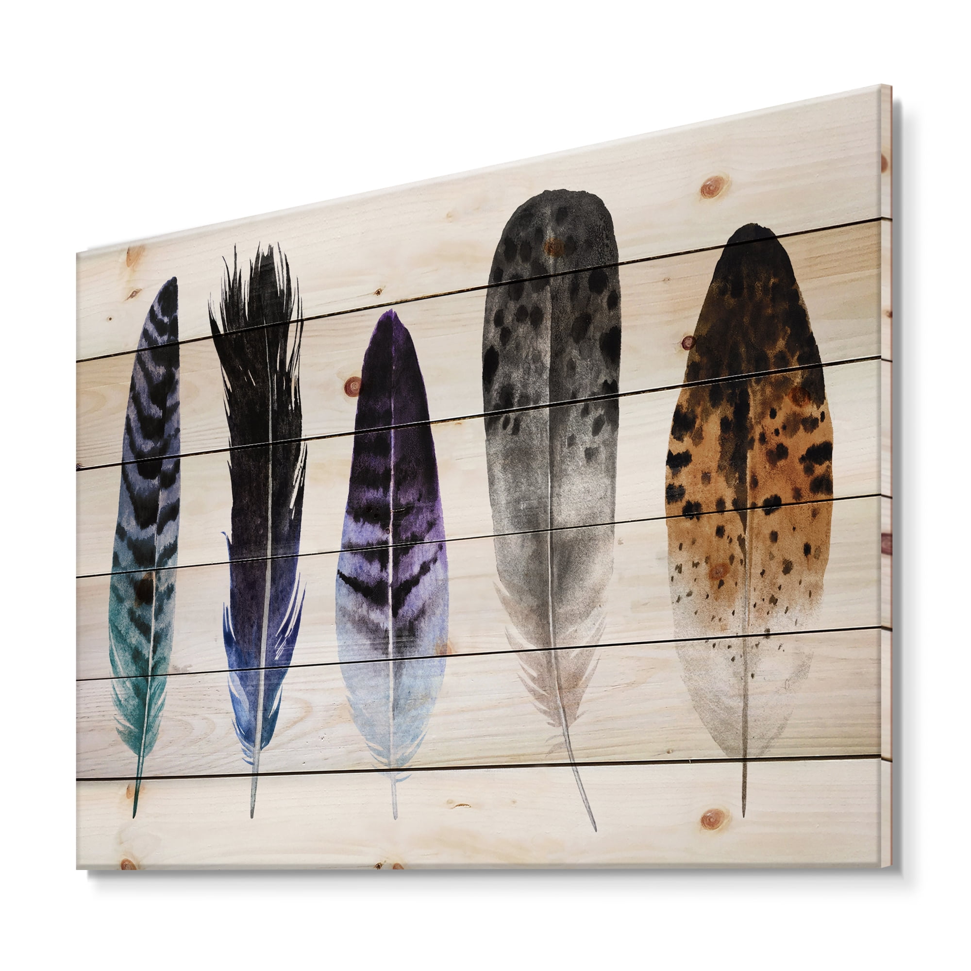 Designart 'Colourful Boho Art Feathers II' Bohemian & Eclectic Print on Natural Pine Wood