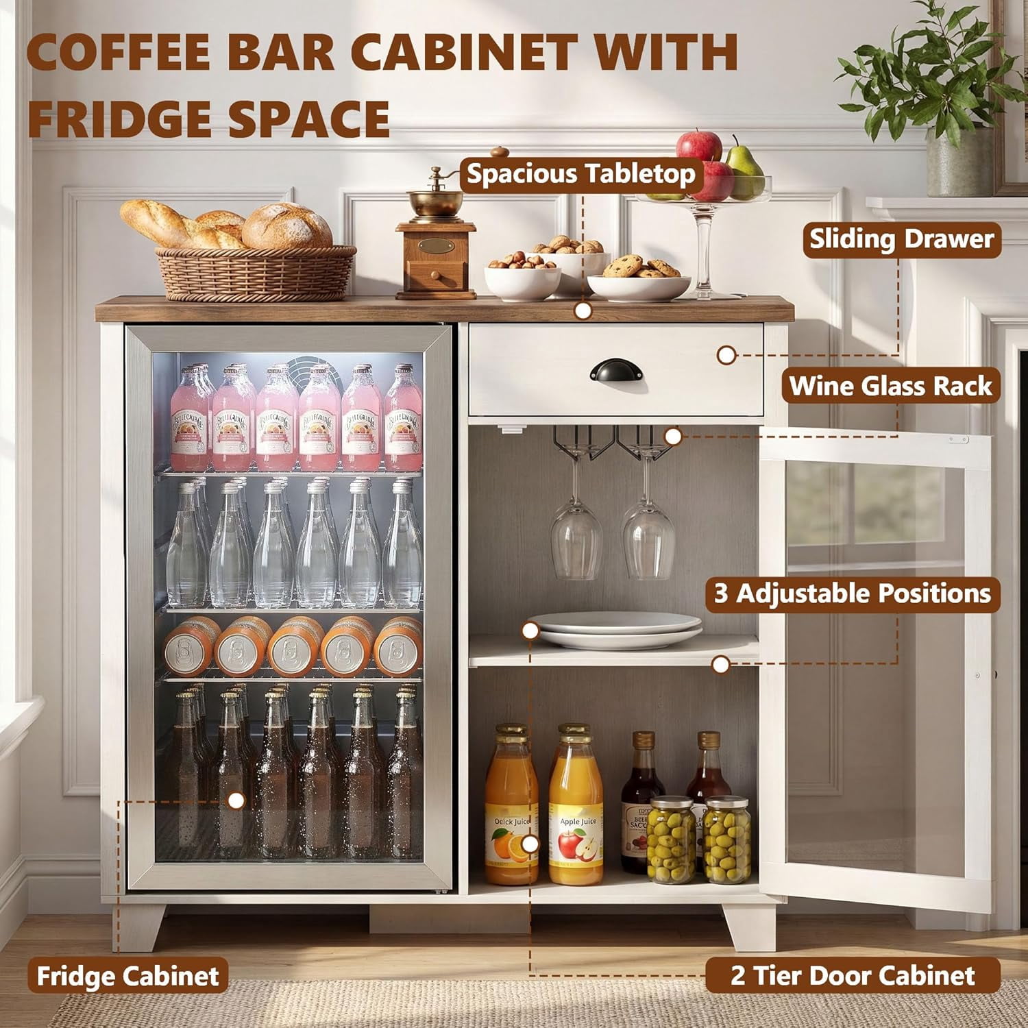 LAZZO Bar Cabinet with Mini Fridge Space, 41.7“ Storage Cabinet with Power Outlet and Goblet Holder for Kitchen, Dining and Living Room