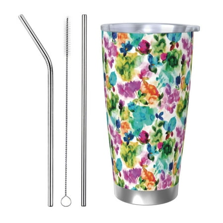 

Zeuib Watercolor Flowers Printed 20oz Stainless Steel Insulated Car Cup Stainless Steel Thermal Cup Vacuum Insulated Leak-proof Travel Mug Cup-Straw Three-piece Set