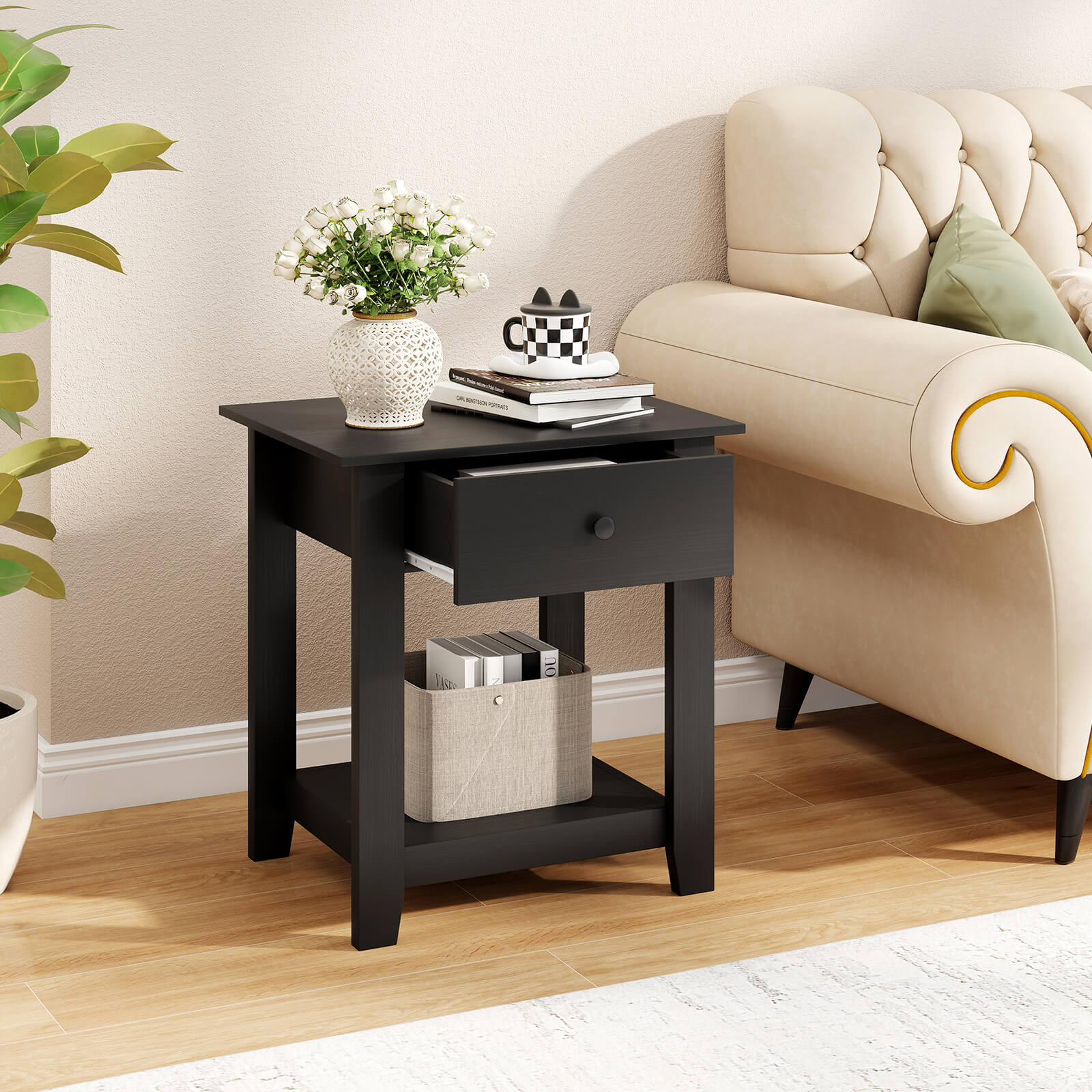 Costway 1 PCS Nightstand with Drawer 3-Tier Modern Bedside Table with Open Shelf Storage for Bedroom Black