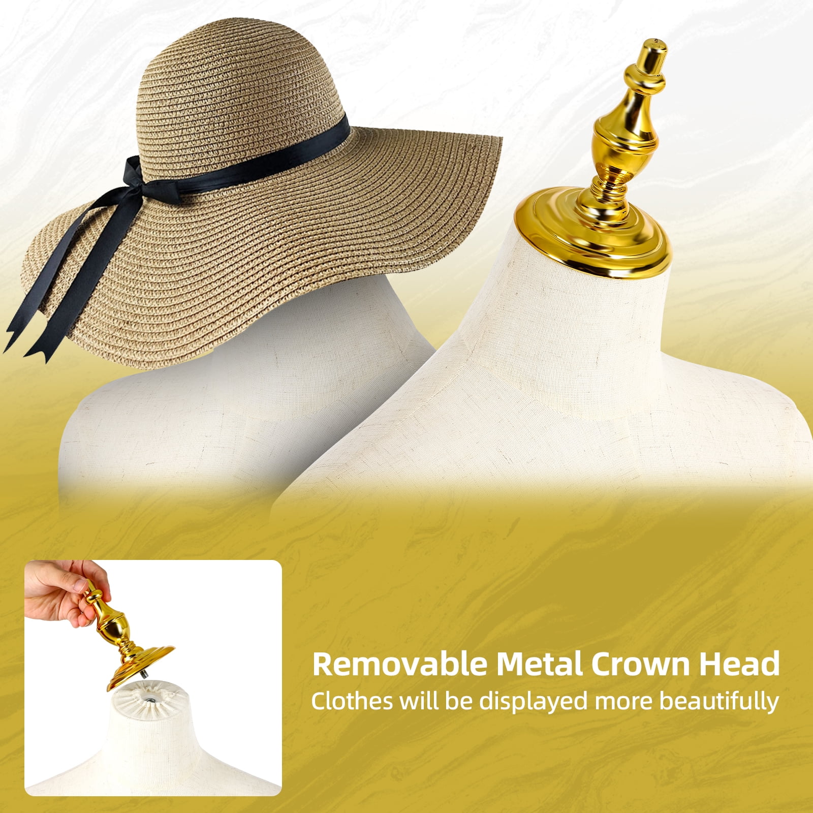 Female Mannequin, 2-Hole Position Mannequin Torso with Stand, Thickened Gold Base Plate Dress Form for Sewing, Clothing Dress Jewelry Display, Beige