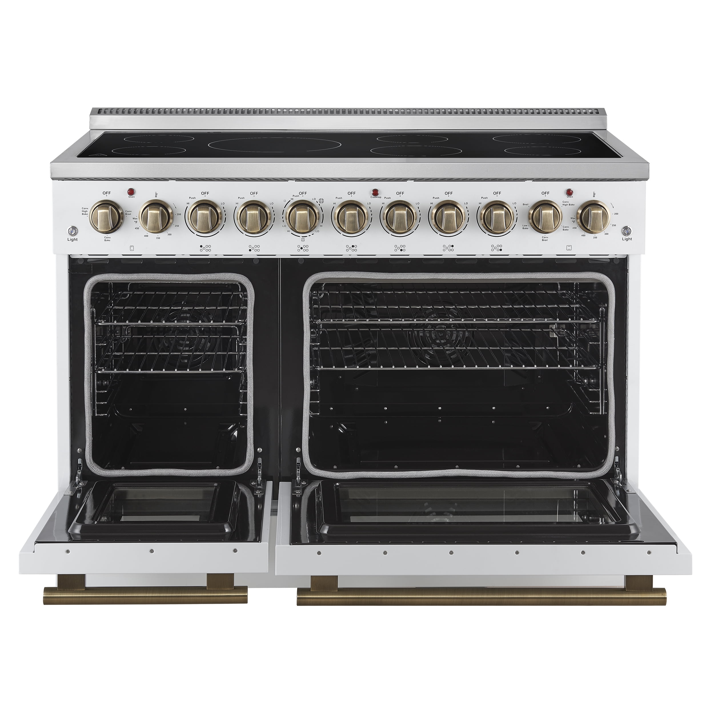 Forno Paolo 48 Inch Freestanding Electric Range in White with Antique Brass, 6.7 cu.ft, True Convection Oven, Energy Efficient