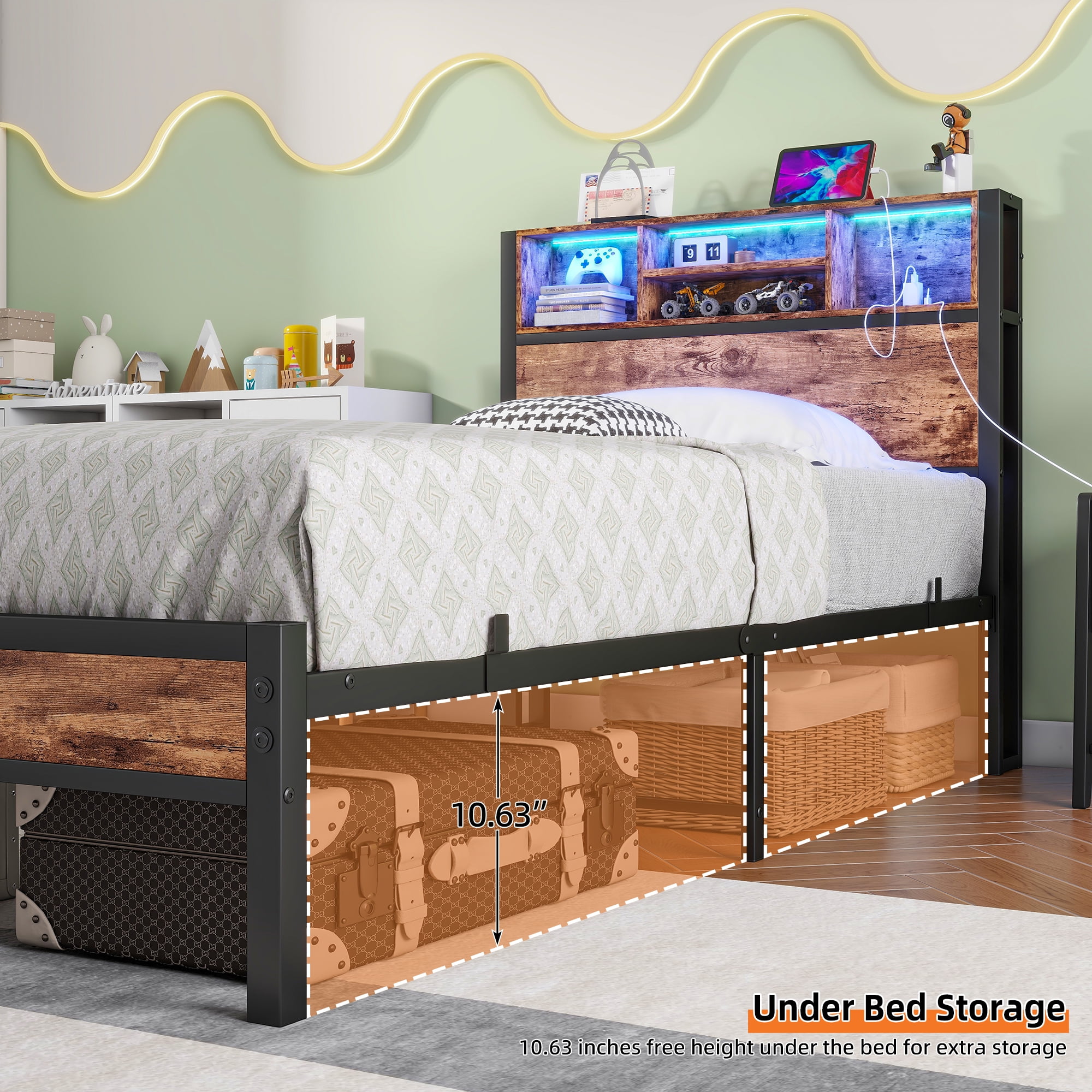Miniyam Twin Bed with LED Headboard, USB Ports, Storage Shelves for Adults, Brown