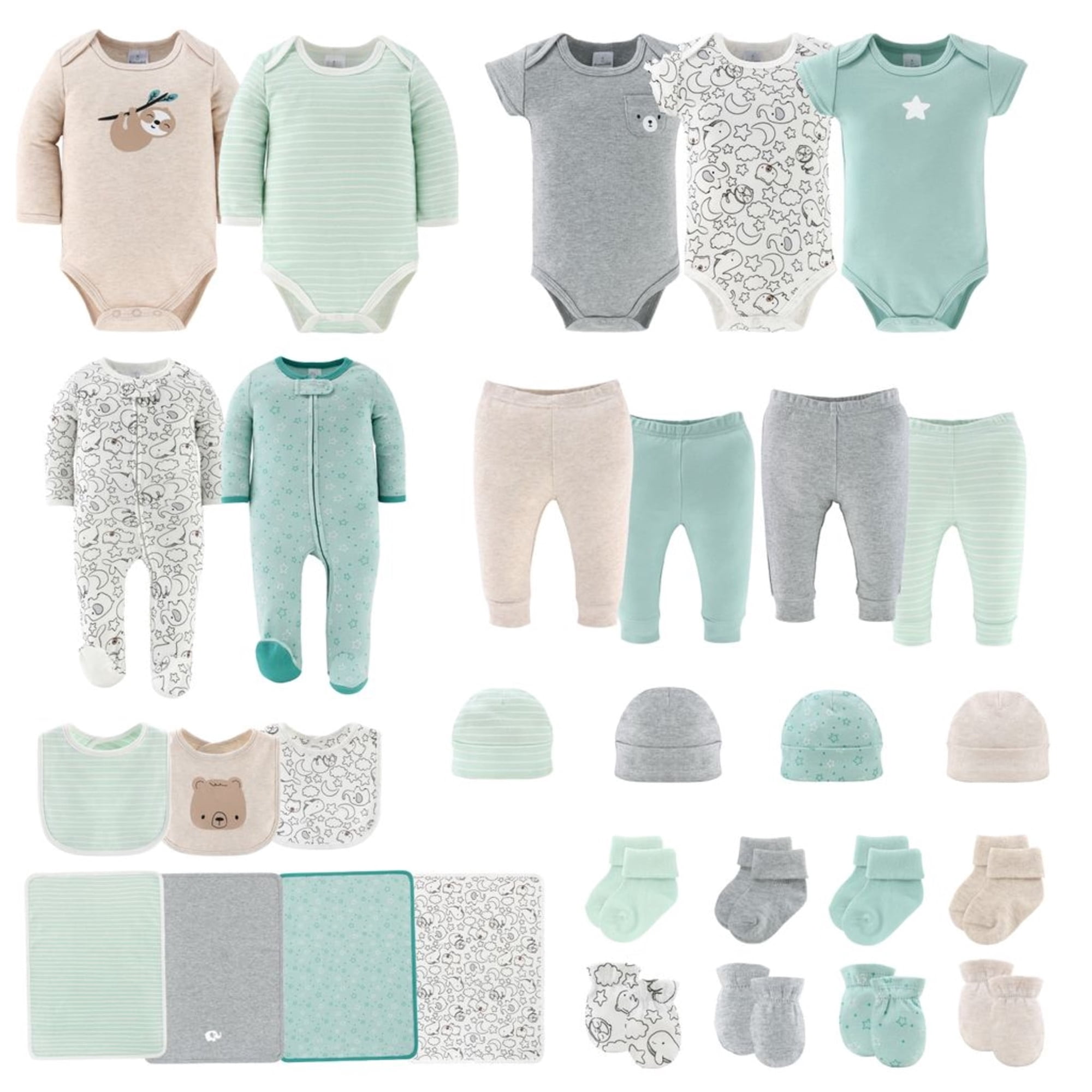 The Peanutshell Unisex Animals and Insects Cotton Layette Gift Set, Baby Clothes Essentials, 30-Piece