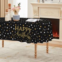 Black Happy Birthday Tablecloth 60×84 Inch Oval, Gold Star Printed Black Table Cover for Birthday Decoration, Birthday Party Supplies