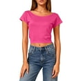 thumbnail image 4 of Open Back Crop Tops for Women Boat Neck Short Sleeve Backless Tees Y2k T-Shirts Going Out Summer Clothes (XL, Hot Pink), 4 of 8