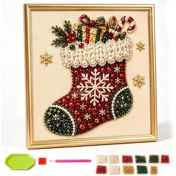 DIY Christmas Pearl Diamond Painting Art Kit with Frame, Christmas Craft Kit, DIY Pearl Diamond Painting Kit, Holiday Home Wall Decoration Gift