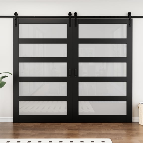 96'' x 84'' Black PVC Surface | Solid Core Wood | 5-Lite Frosted Glass Sliding Barn Door | With Installation Hardware Kit