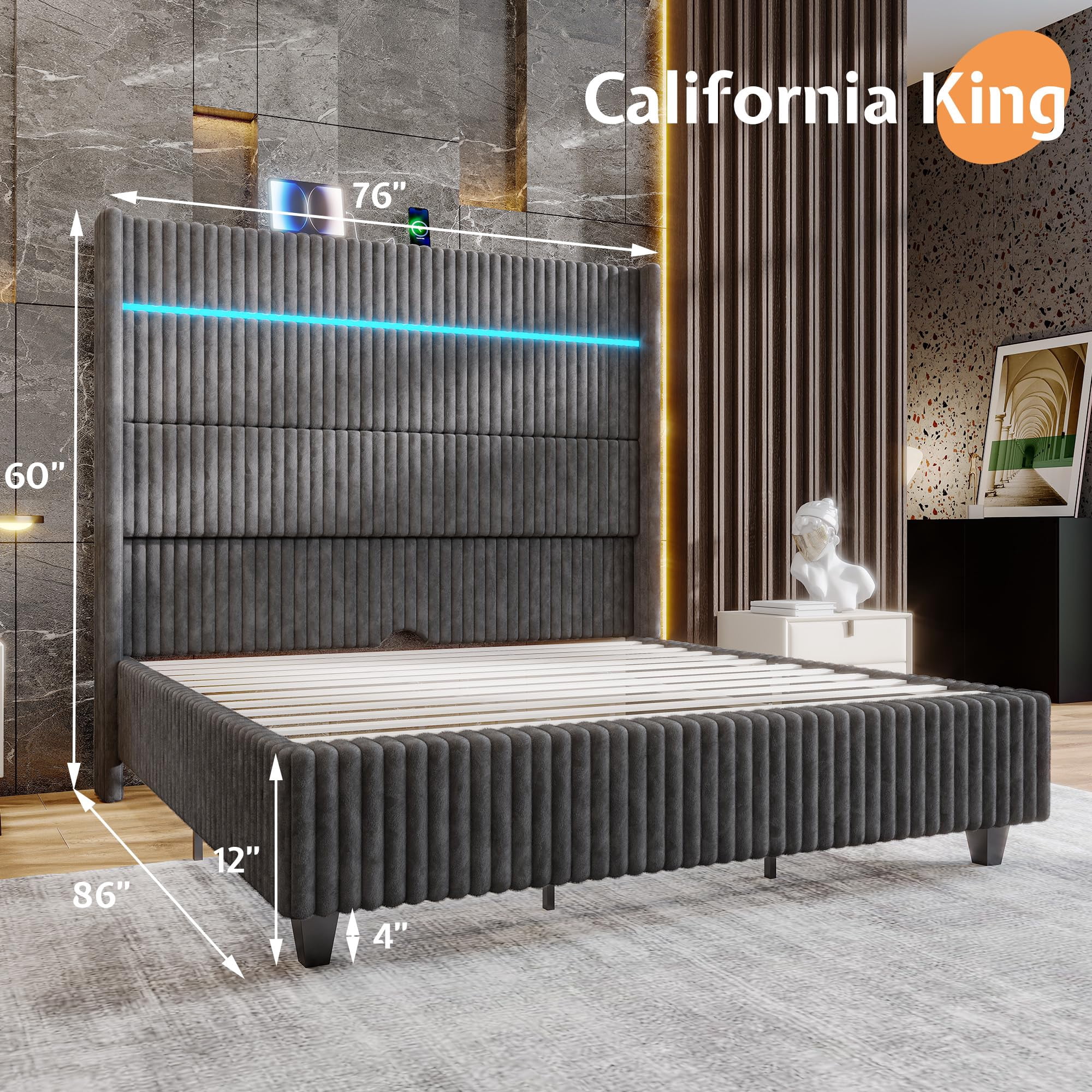 Merluxy 60" Tall California King Bed Frame with LED Lights, Faux-Fur Upholstered Platform with Wingback Headboard & Charging Station, Grey