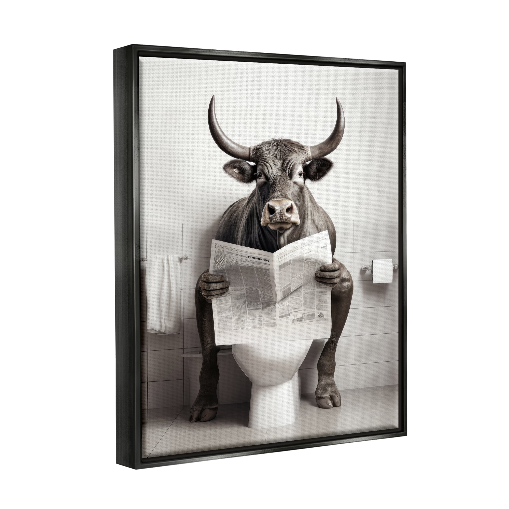 Stupell Industries Cattle Reading Newspaper Animals & Insects Painting Black Floater Framed Canvas Art Print Wall Art, 25 x 31