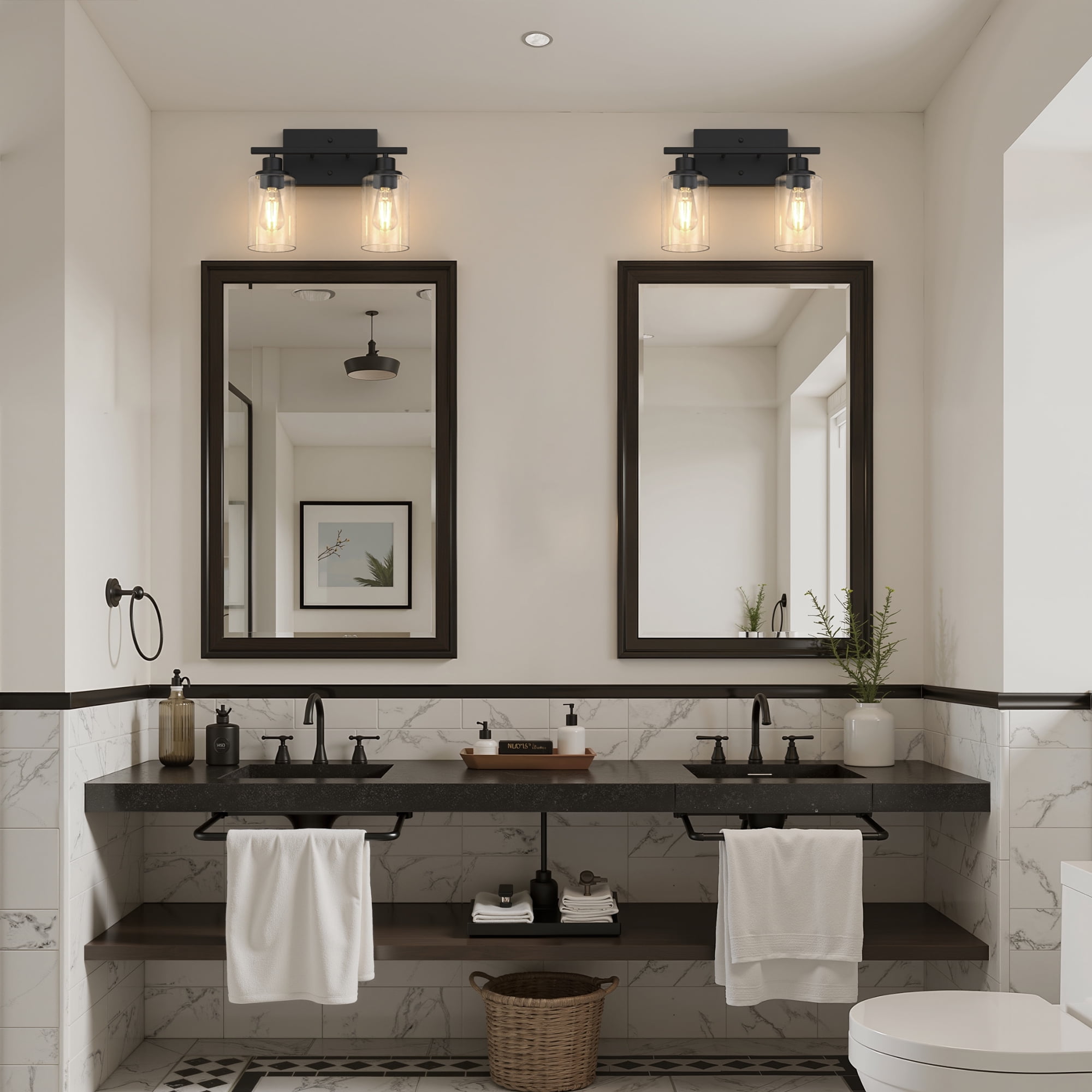 YANSUN 13.4 in 2-Light Matte Black Industrial Bathroom Vanity Light with Clear Glass Shades, Vanity Light for Bathroom, Hallway, Mirror, Laundry Room