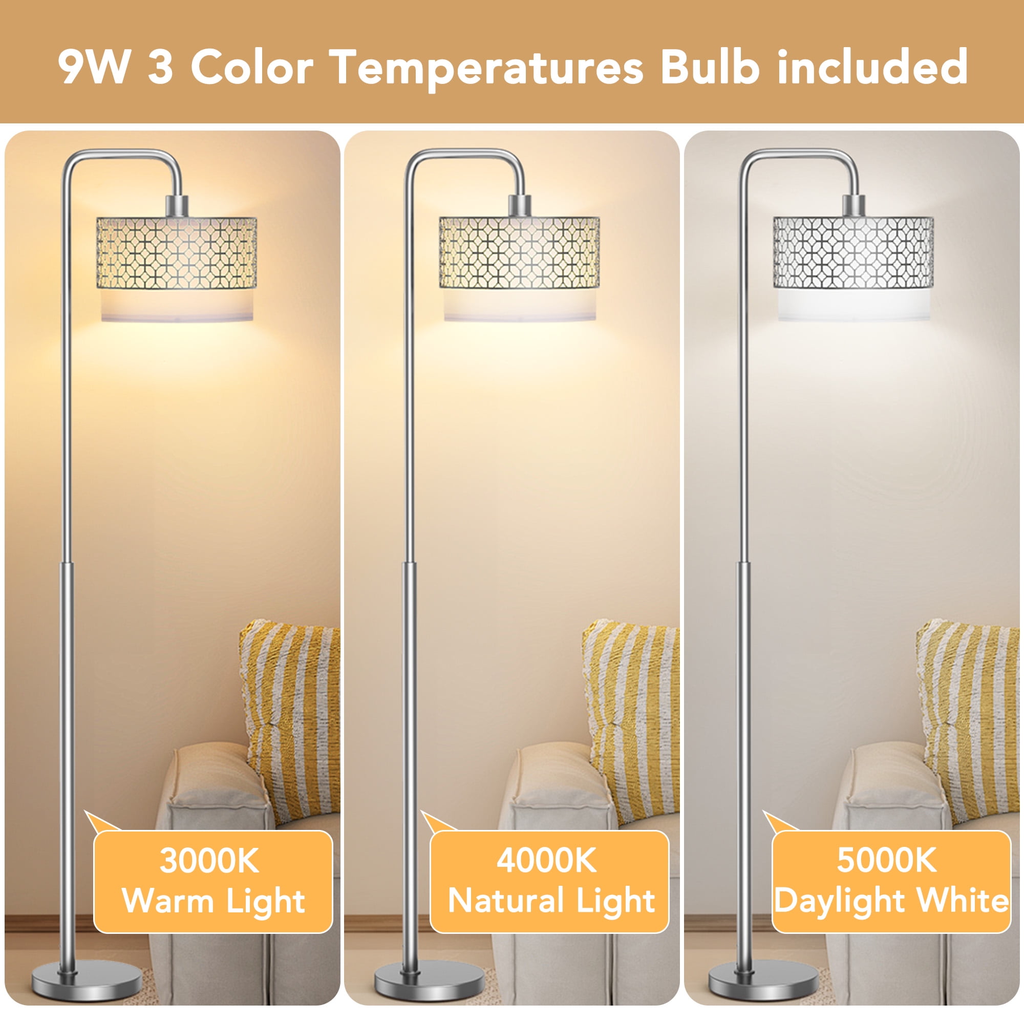 Metal Modern Standing Lamp, Silver Floor Lamp for Living Room Bedroom, Study Room, Office