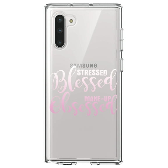 DistinctInk Clear Shockproof Hybrid Case for Samsung Galaxy Note 10 (6.3" Screen) - TPU Bumper Acrylic Back Tempered Glass Screen Protector - Stressed Blessed Make Up Obsessed