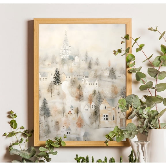 Rustic Snowy Winter Forest Poster, Vintage Winter Village, Minimalist Wall Art, Neutraldecor, Snowy Landscape Art, Unframed Poster Size 8x12