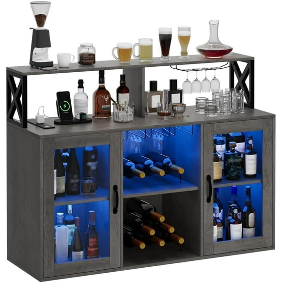 M optimized Bar Cabinet with Storage Shelves, Coffee Bar Cabinet with LED Lights, Liquor Cabinet with Wine Rack and Glass Goblet Holder, Kitchen Sideboard Buffet Cabinet for Home, Kitchen, Dining Room