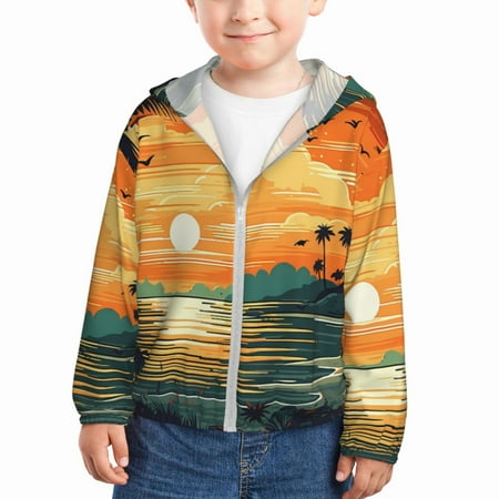 

Gaeub Tropical Sunset Paradise Print Athletic Sun Protection Hoodie for Kids Long Sleeve Outdoor UV Shirt Running Fishing Top for Boys Girls-5 Years