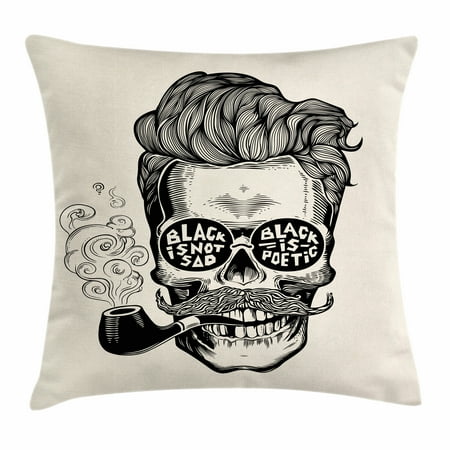 - Indie Throw Pillow Cushion Cover, Hipster Gentleman Skull with Mustache Pipe and Eyeglasses with Inscription Vintage, Decorative Square Accent Pillow Case, 18 X 18 Inches, Black Cream, by Ambesonne