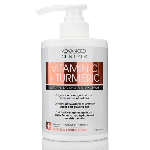 Advanced Clinicals Crema de vitamina C y cúrcuma - Hidratante reafirmante iluminador facial y corporal de 15 onzas líquidas con manteca de karité y vitamina E