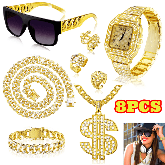 8pcs 80s 90s Accessories Outfit for Men, Gold Hip Hop Costume Kit, Rapper Dollar Sign Pendant Necklace Bracelet Watch Sunglasses Rings