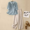 thumbnail image 2 of DGMIOCS Women's 2-Piece Linen Outfit Button Down Shirt & Wide Leg Pants Blue M=1, 2 of 8
