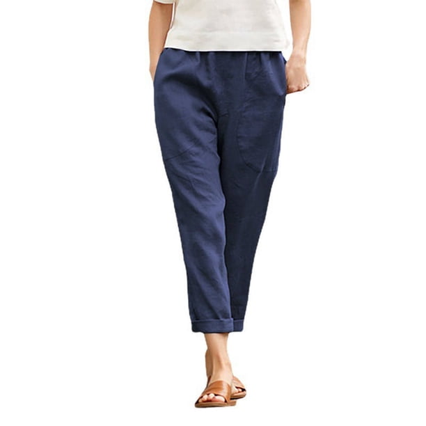 Pantalones rectos casuales de algodón y lino cómodos de color sólido con bolsillos grandes para mujeres europeas y americanas para mujeres